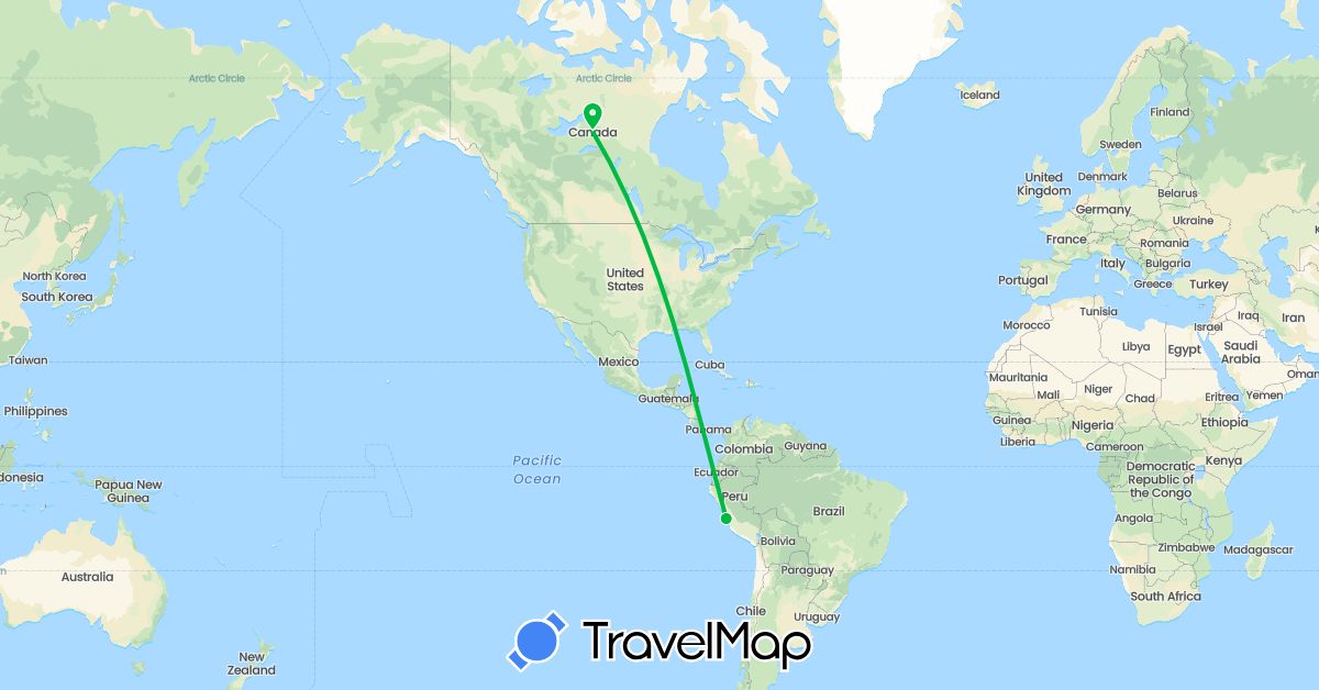 TravelMap itinerary: driving, bus in Canada, Peru (North America, South America)